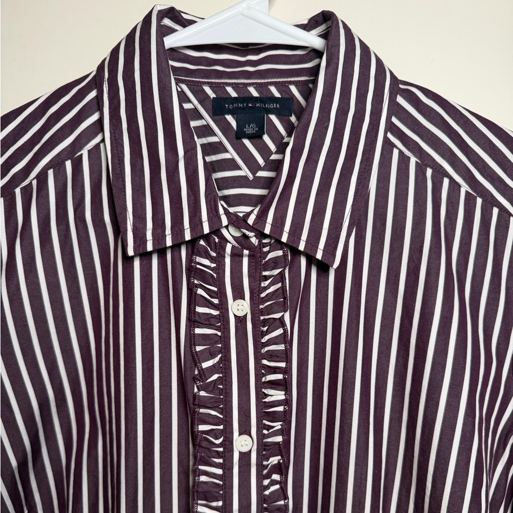 Tommy Hilfiger Ruffled Purple and White Striped Button Up Fitted Shirt Size L - Picture 3 of 11